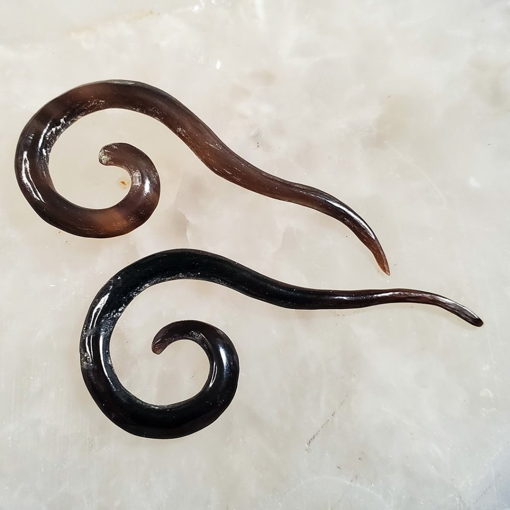 Carved Horn - Spiral Swan Design Earrings - 8 Gauge